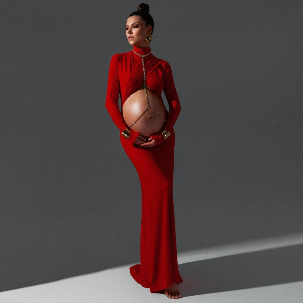 Maternity Elegant Expose Belly Dress Red Floor Mopping