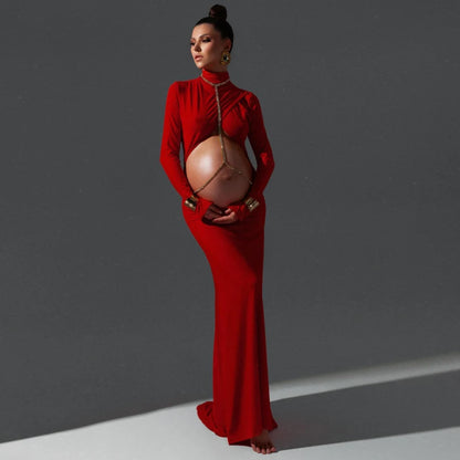 Maternity Elegant Expose Belly Dress Red Floor Mopping