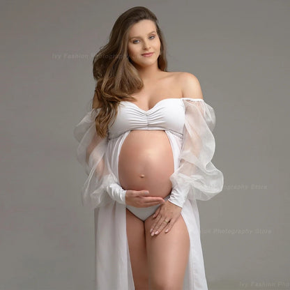 Maternity Dress Transparent White Chiffontulle Off Shoulder