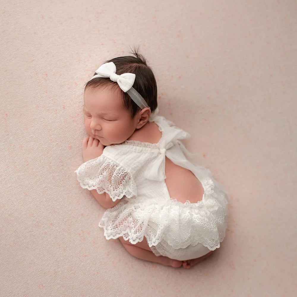 Baby Girl Lace Ruffle Open Back Romper Bow Headband Newborn