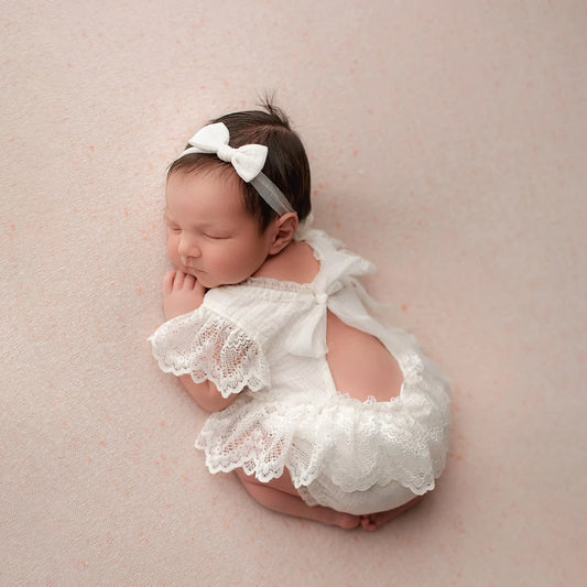 Baby Girl Lace Ruffle Open Back Romper Bow Headband Newborn
