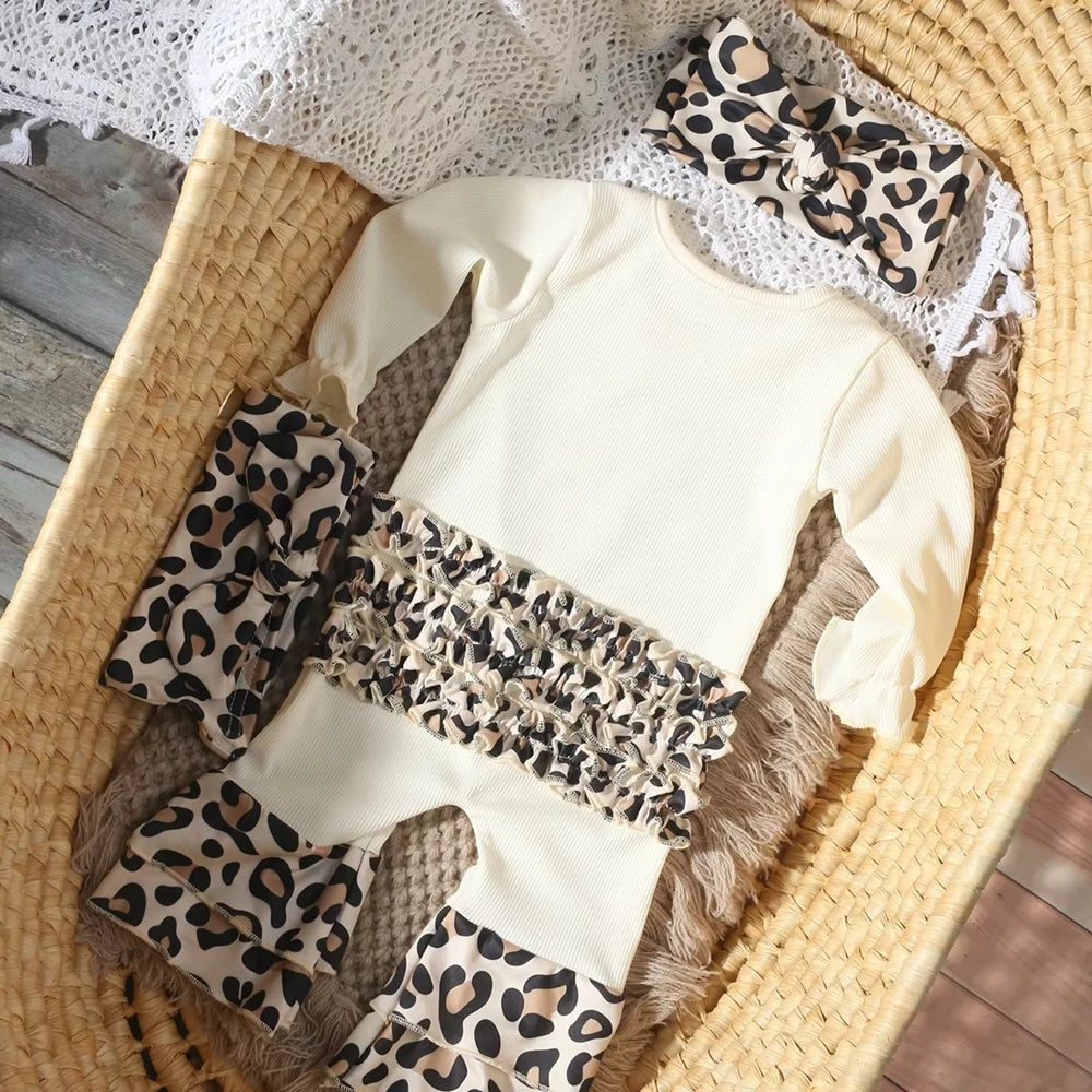 Newborn Baby Girl Romper Set Leopard Print Ribbed Cotton Headband Hi Im New Here
