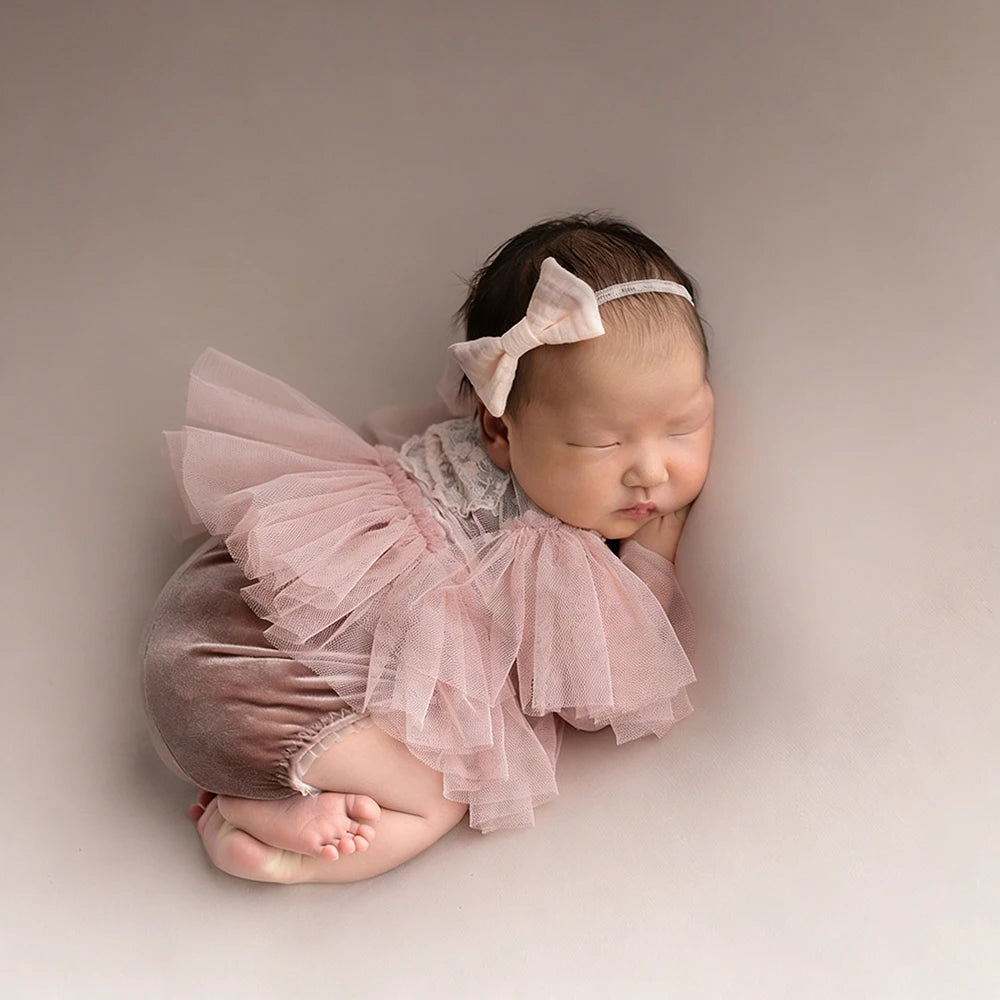 Newborn Photo Baby Girl Pink Lace Tutu Romper Velvet Shorties Ruffle Tulle Bow Headband