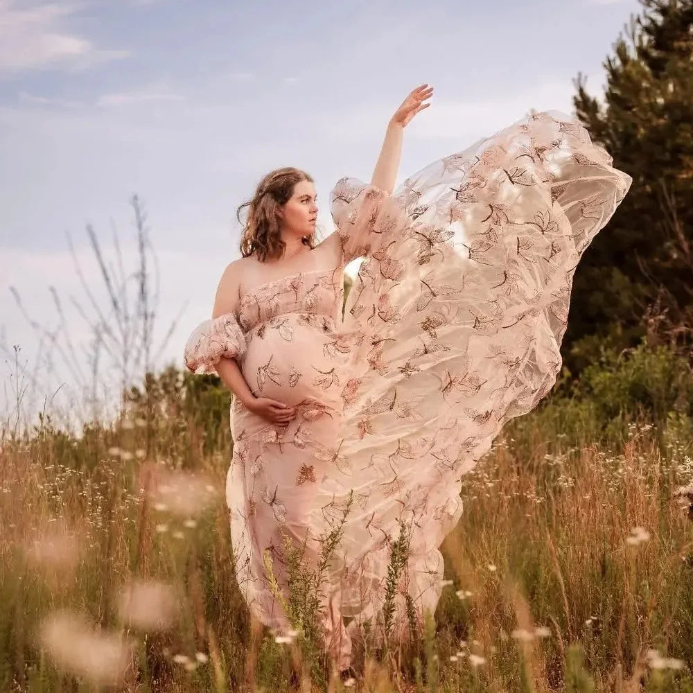 Photography Dress For Women Mesh Embroidery  Off Shoulder Puff Sleeve Dress Maternity Dresses Photoshoot Baby Showers Dress
