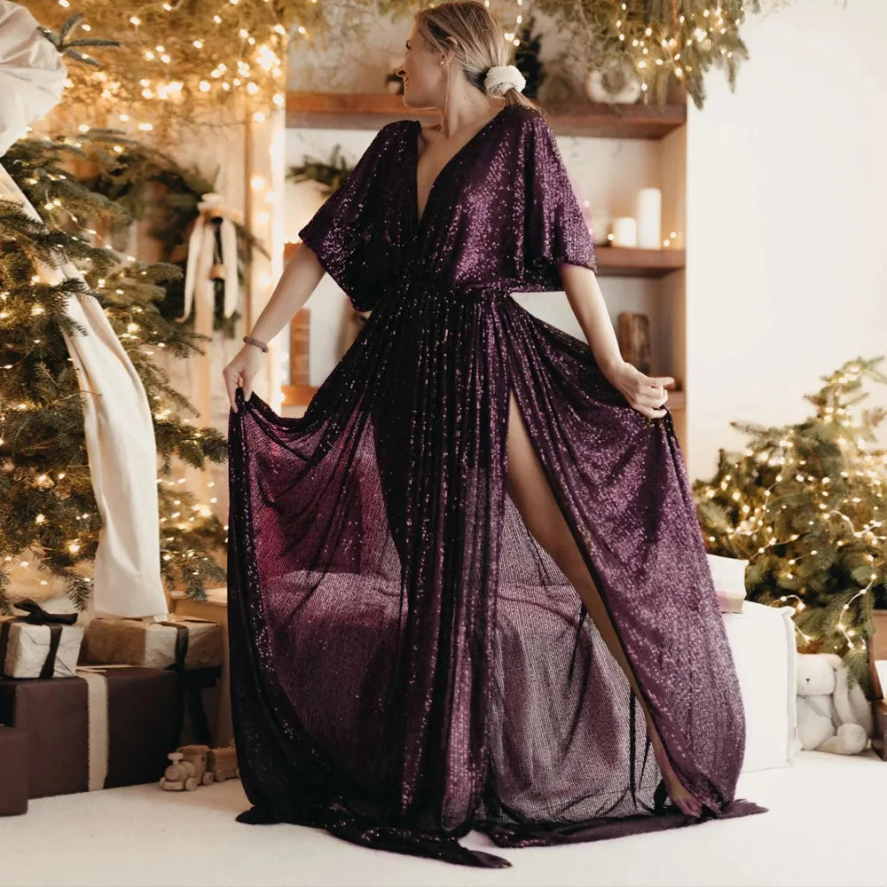  Elegant Vintage Sequin V-neck Backless Dress Maternity Photography Props Dress Bohemian Photo Shooting Pregnancy Dress