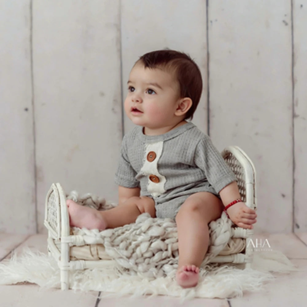 Newborn Baby Boy Waffle Romper Gray Bodysuit Wooden Buttons Costume