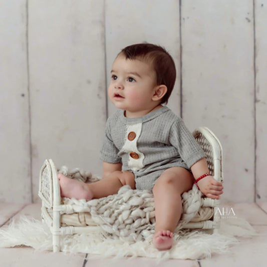 Newborn Baby Boy Waffle Romper Gray Bodysuit Wooden Buttons Costume