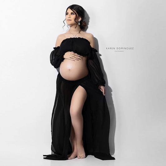 Maternity Bohemian Comfortable Wear Linen Cotton Retro Off Shoulder Top Large Skirt Hem