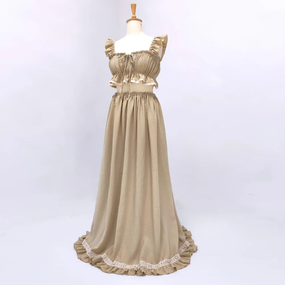 Cotton Suspender Two-Piece Maternity Photoshoot Dress Set - Baby Shower & Photography