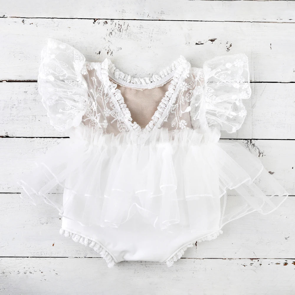 Newborn Vintage Cream Lace Romper Ruffle Skirt Costume Princess Studio Wardrobe