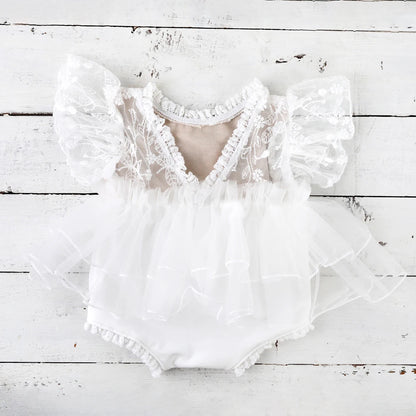 Newborn Vintage Cream Lace Romper Ruffle Skirt Costume Princess Studio Wardrobe