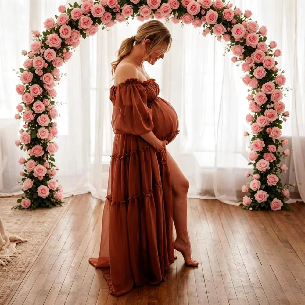Bohemian Photo Shooting Pregnancy Dress Sexy Off Shoulder Long Sleeved Pleated Edge Chiffon Dress Photography Dress For Women