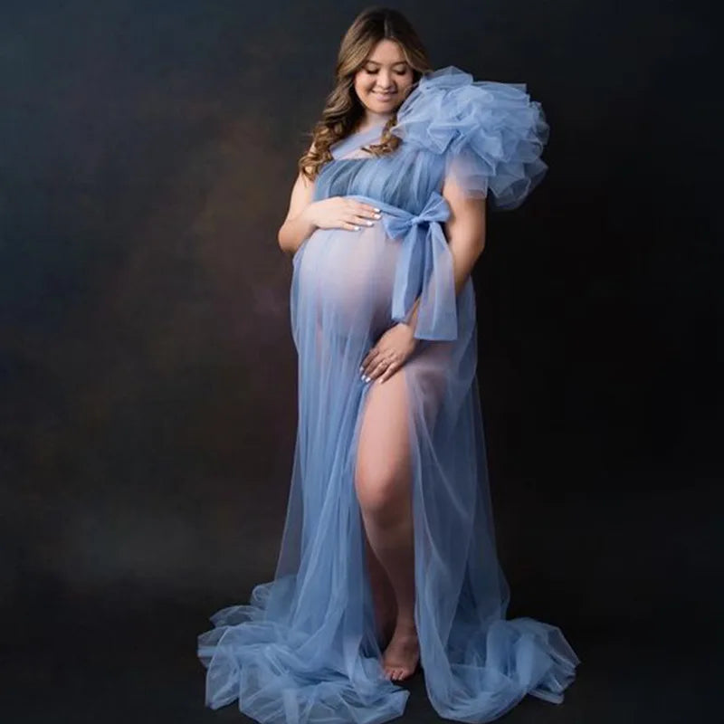 Sheer Tulle One-Shoulder Maternity Robe Gown