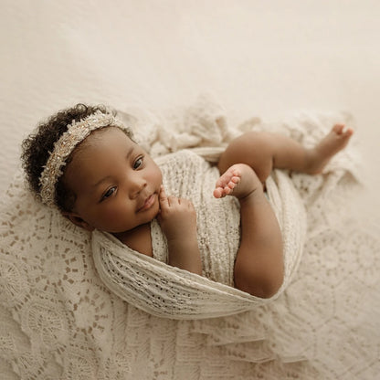 Newborn Photography Wrap | Beige Lace Pom Pom Newborn Photography Wrap Blanket Soft Bubble Lace Swaddle Prop for Professional Studio Baby Photos Studio Swaddle