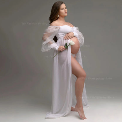 Maternity Dress Transparent White Chiffontulle Off Shoulder