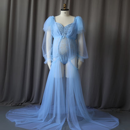 Maternity V-neck Floral Lace Two-piece Set Boho Dress Floor Length Long Tail