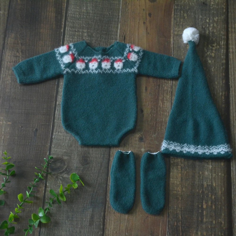 Green Christmas Knit Newborn Santa Sweater Hat Set Baby Holiday Studio Boutique Costume
