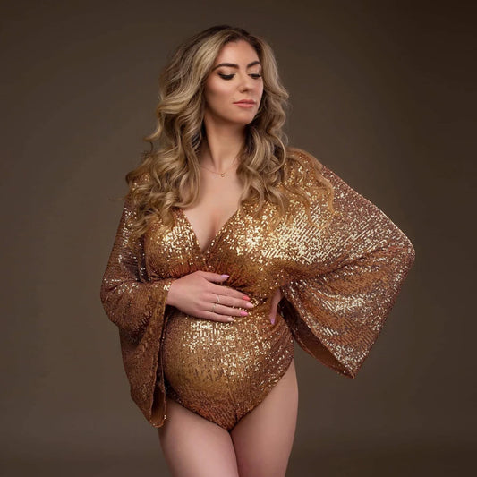 Maternity Sequins Bodysuit Shiny Long Sleeve Jumpsuit