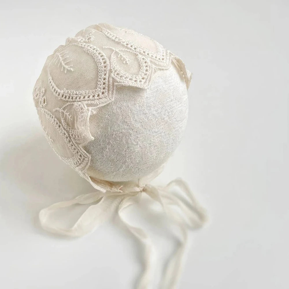 Lace Bonnet Baby Tie Knot Headband Vintage Floral Embroidery Newborn Set