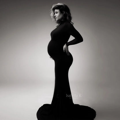 Maternity Fashionable Black Stretch Cotton Floor Length Dress Baby Showers Pregnancyphoto