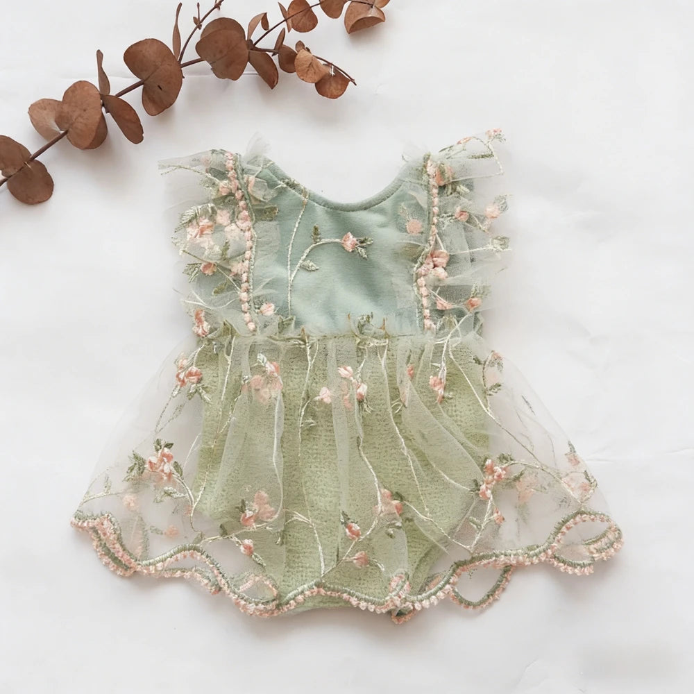Newborn Girl Romper Embroidered Floral Tulle Boho