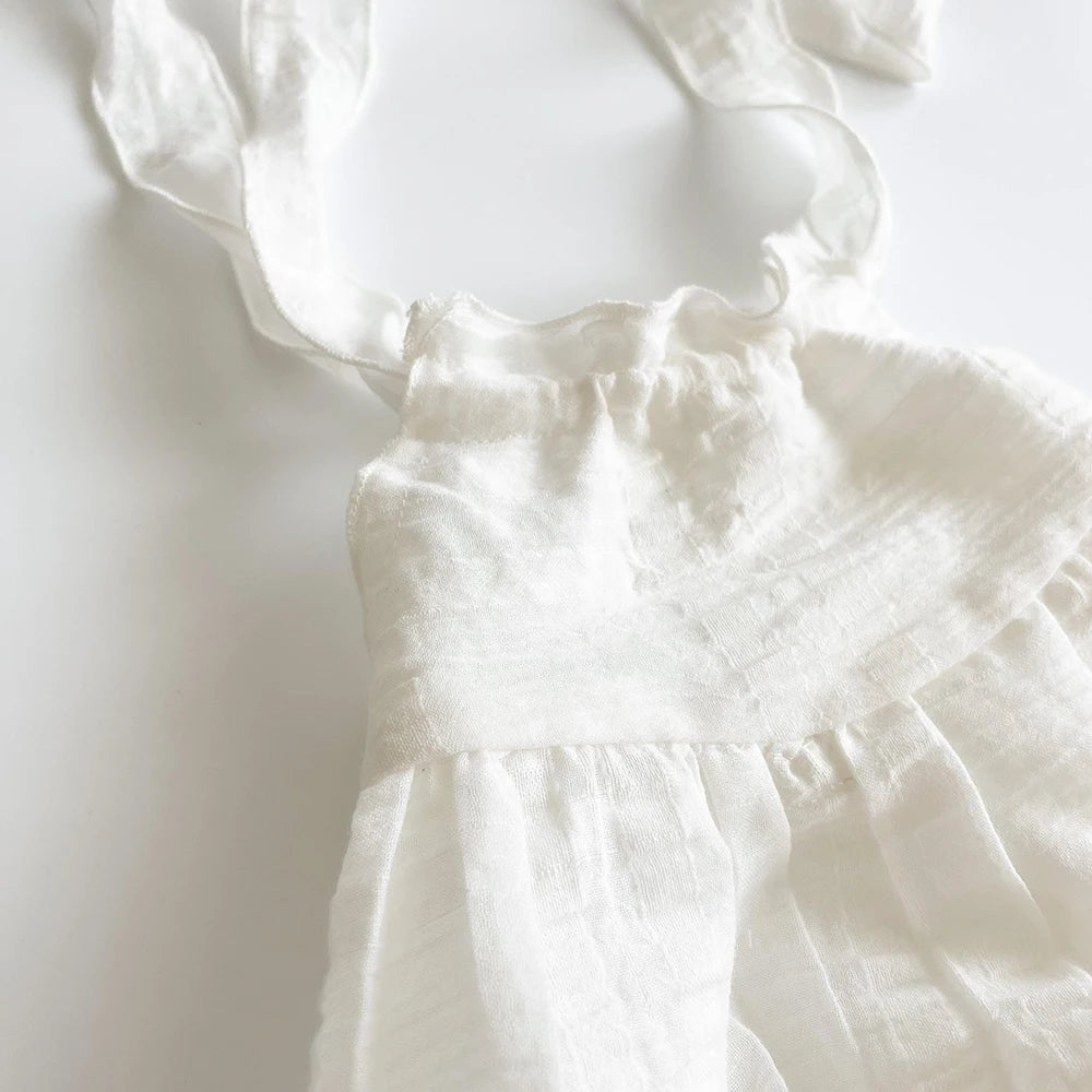 Newborn Romper White Ruffled Tie Strap Baby Photo Soft Studio Shoot