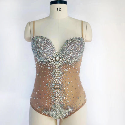Maternity Luxurious Bodysuit Rhinestones Pearls Stretch Spandex Jumpsuit