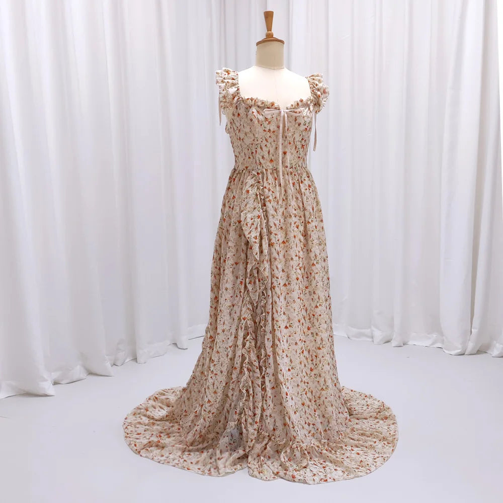 Maternity Dresses For Baby Showers Printed Chiffon Hollow Embroidered Dress Pregnant Women Photo Shoot Spaghetti Strap Dress