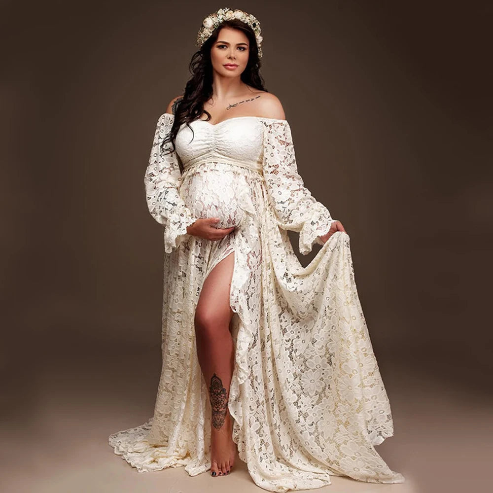 Maternity Boho Style Lace Dress Bohemian Baby Shower Ruffled Split Cut