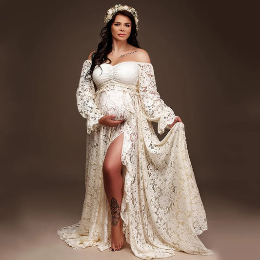 Maternity Boho Style Lace Dress Bohemian Baby Shower Ruffled Split Cut