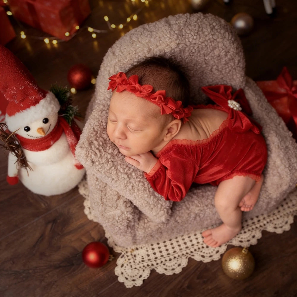 Newborn Baby Girl Red Velvet Christmas Romper Photo Bodysuit Off-shoulder Bow 0-3m