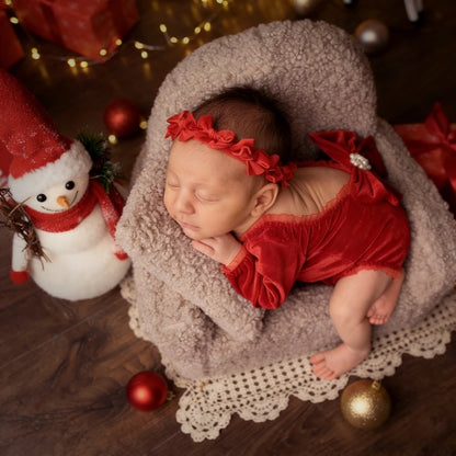 Newborn Baby Girl Red Velvet Christmas Romper Photo Bodysuit Off-shoulder Bow 0-3m