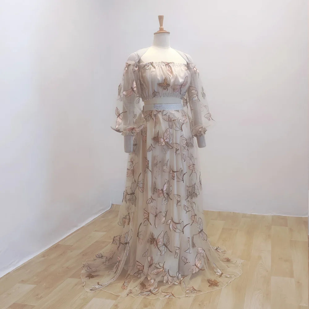 Elegant Photo Shoot Dress For Women Mesh Embroidery Sequins Off Shoulder Long Sleeves Dress Maternity Dresses For Baby Showers