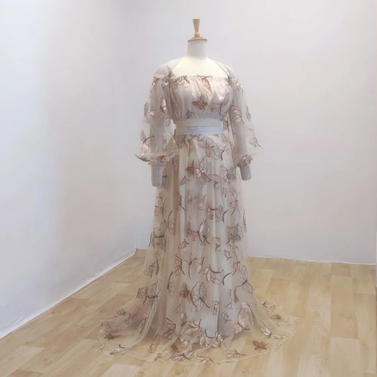 Elegant Photo Shoot Dress For Women Mesh Embroidery Sequins Off Shoulder Long Sleeves Dress Maternity Dresses For Baby Showers
