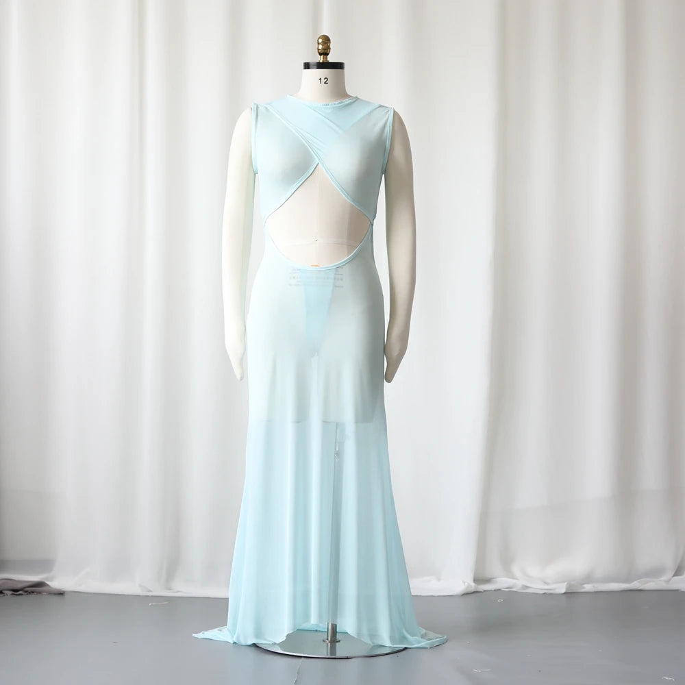 Maternity Sky Blue Sheer Gowns Comfortable Stretch Mesh Open Front Back
