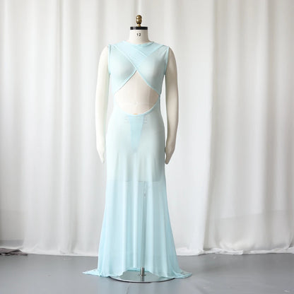 Maternity Sky Blue Sheer Gowns Comfortable Stretch Mesh Open Front Back