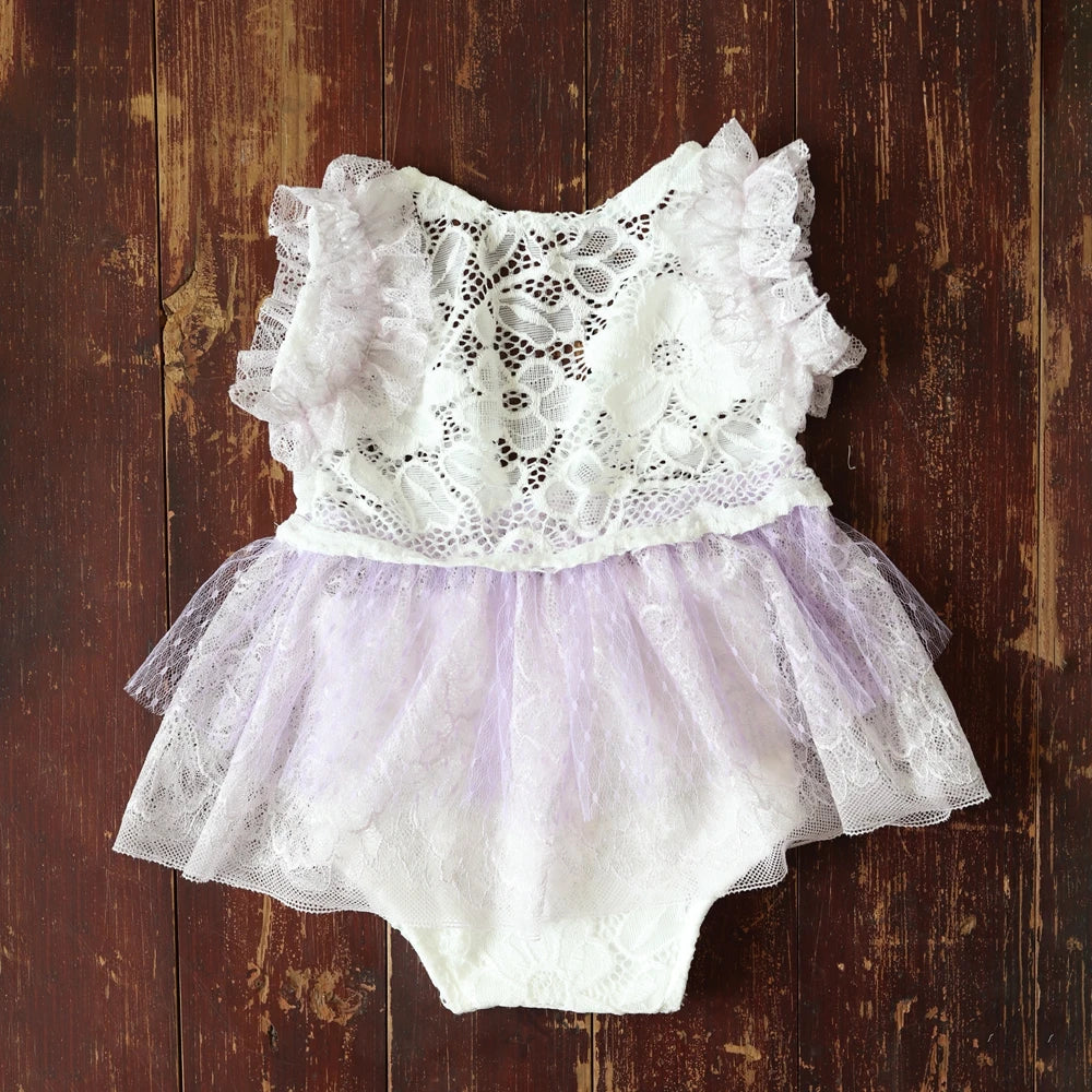Lavender Purple Lace Tutu Romper Newborn Fluffy Tulle Baby Girl Dress Open Back