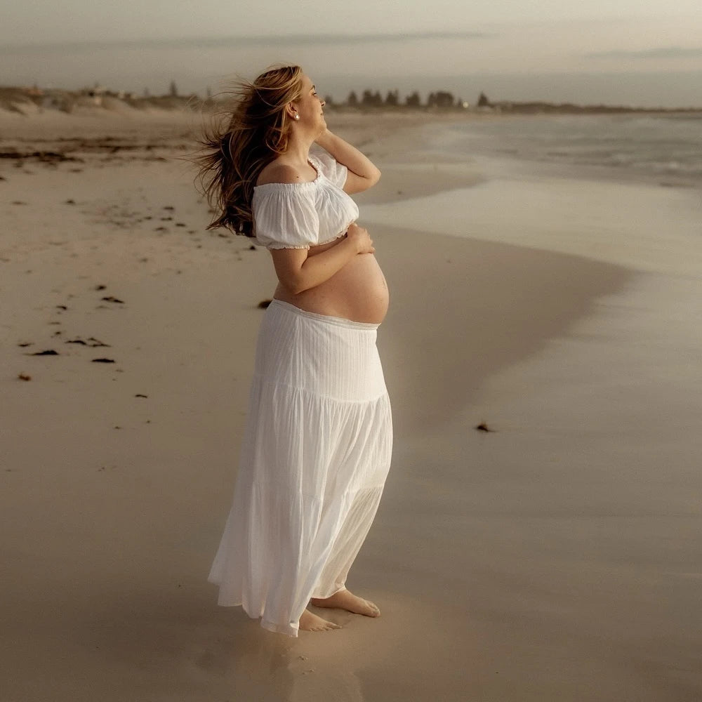 Maternity Comfortable Linen Cotton Dress One Shoulder Short Sleeved Two-piece Set Ankle Length Skirt