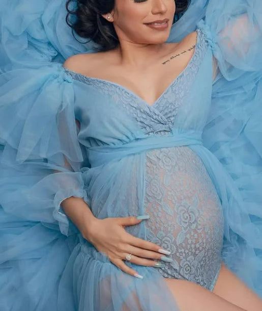 Maternity V-neck Floral Lace Two-piece Set Boho Dress Floor Length Long Tail