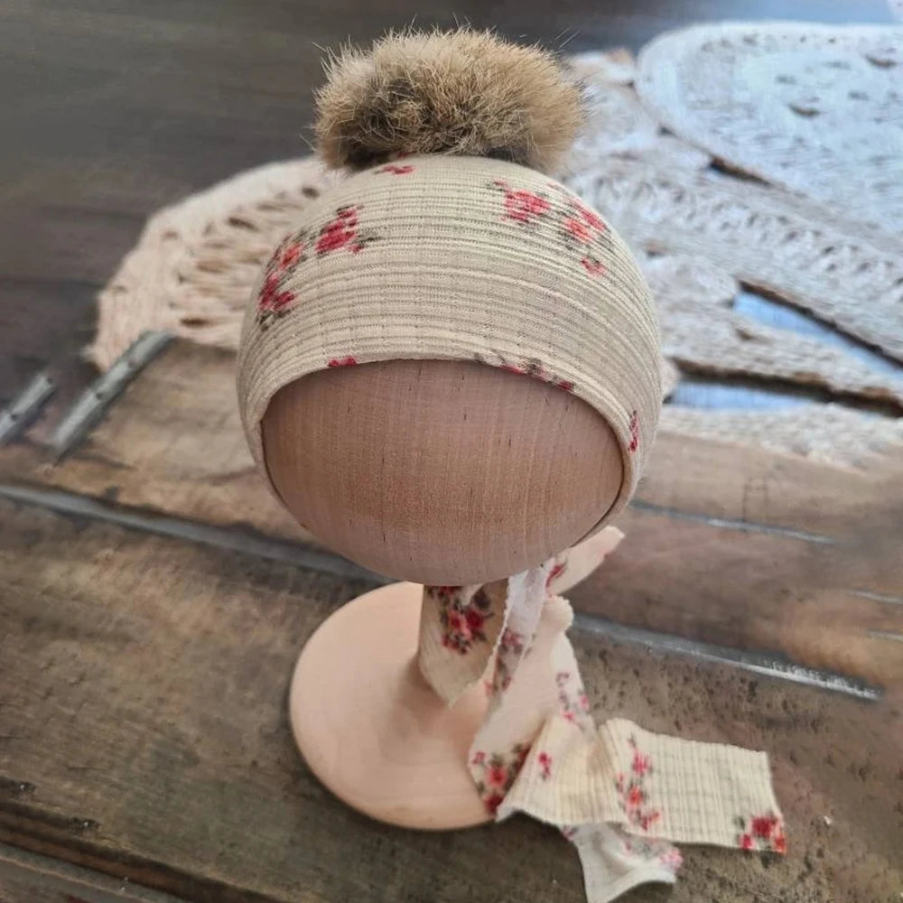 Floral Bonnet Baby Pom Hat Headband Newborn Girl