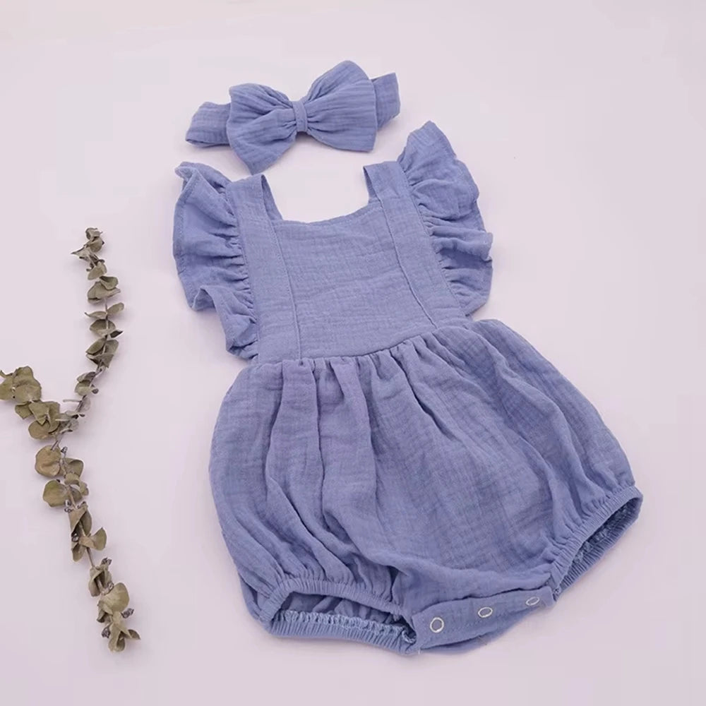 Personalized Baby Girl Muslin Romper Ruffle Shoulders Custom Name Embroidery Bow Headband