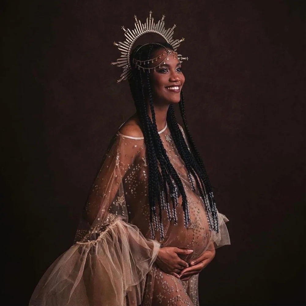 Maternity Goddess Crown Tulle Bronzing Dress Shooting