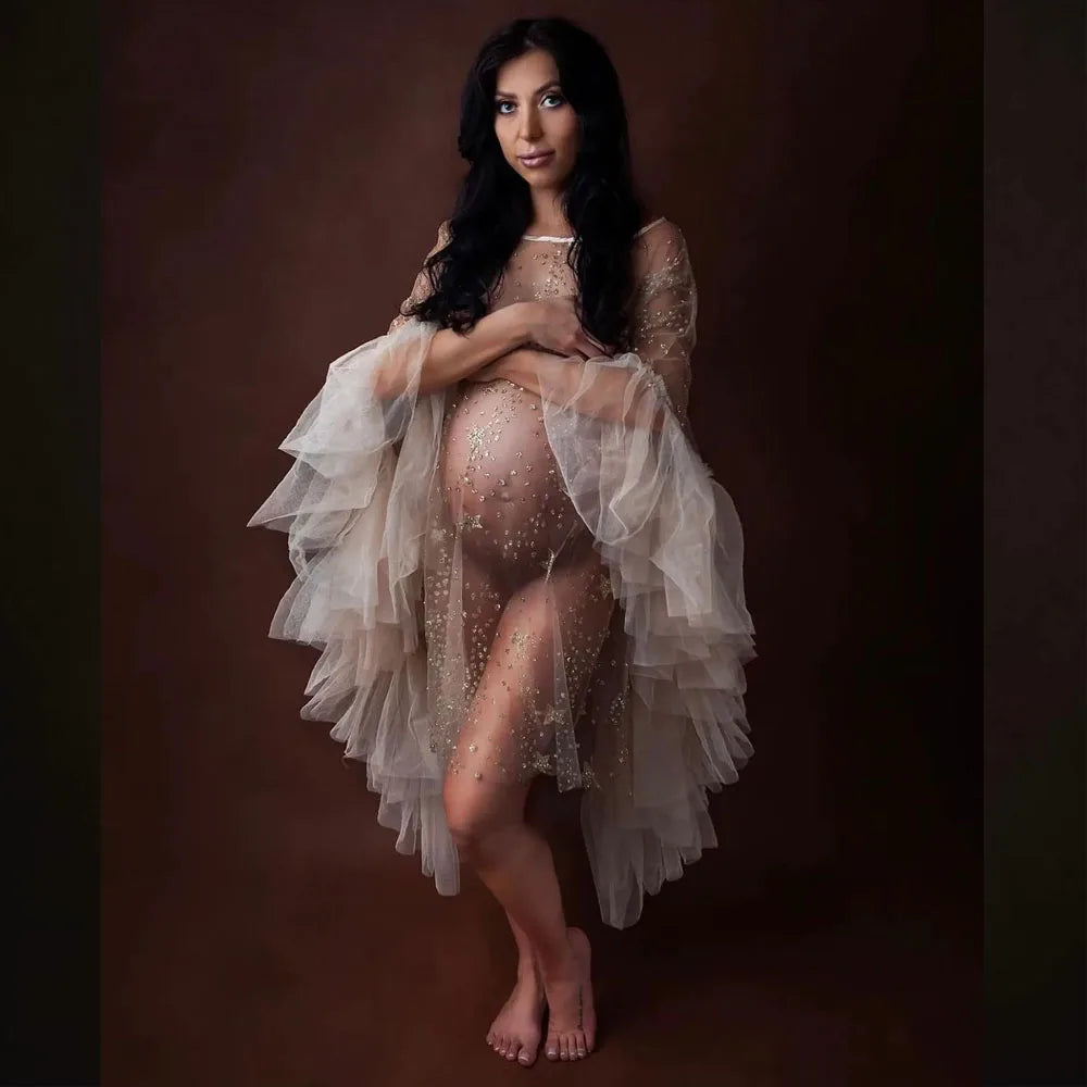 Maternity Goddess Crown Tulle Bronzing Dress Shooting
