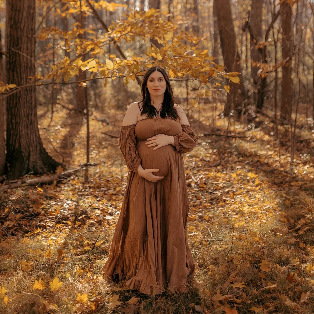 Bohemian Photo Shooting Pregnancy Dress Soft Linen Cotton Off Shoulder Pleated Edge Dress Pregnant Women Photography Dress