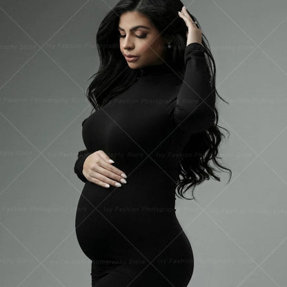 Maternity Elegant Elastic High Neck Slim Fit Dress