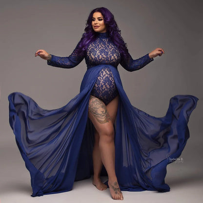 Maternity Dress Stretchy Lace Bodysuit Removable Chiffon Sides Slit Skirt