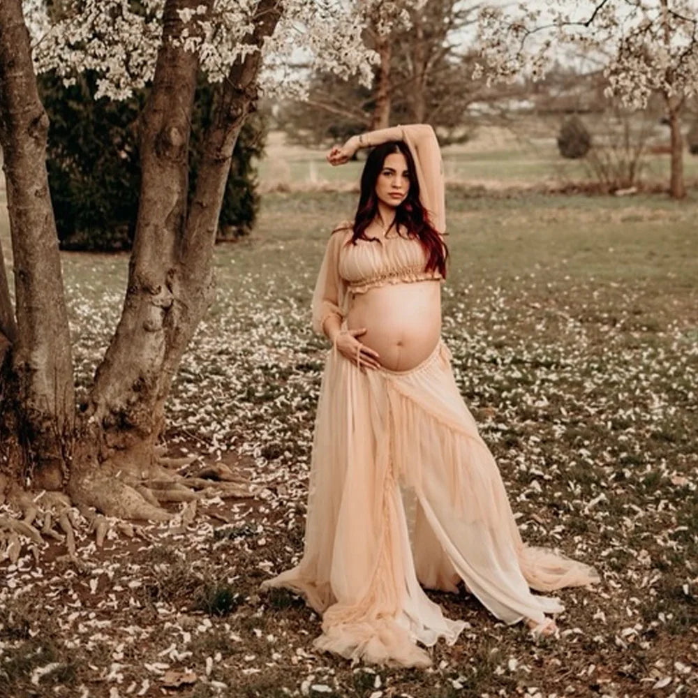 Maternity Dresses For Photo Shoot Sexy Transparent Chiffon Off Shoulder Ruffled Sleeves Two-Piece Dress Baby Showers Dress
