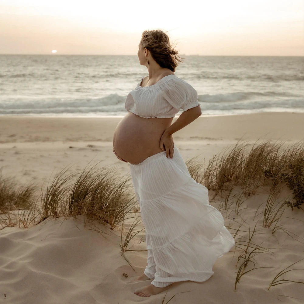 Maternity Comfortable Linen Cotton Dress One Shoulder Short Sleeved Two-piece Set Ankle Length Skirt