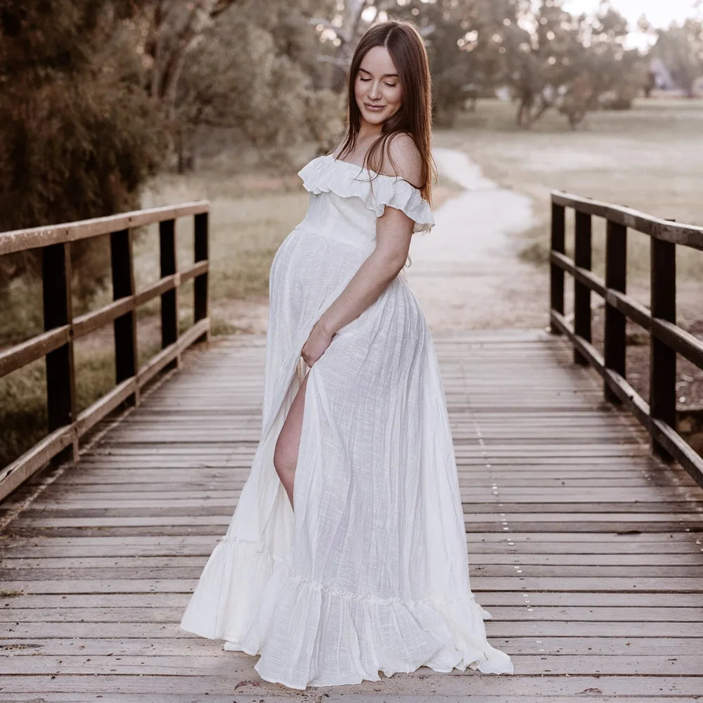 Boho Maternity Photoshoot DressLotus Leaf Edge Linen Cotton Adjustable Back Pregnancy Friendly Photography Dress For Women