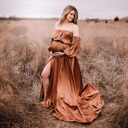 Maternity Soft Satin Off Shoulder Woman Baby Shower Gift Dress